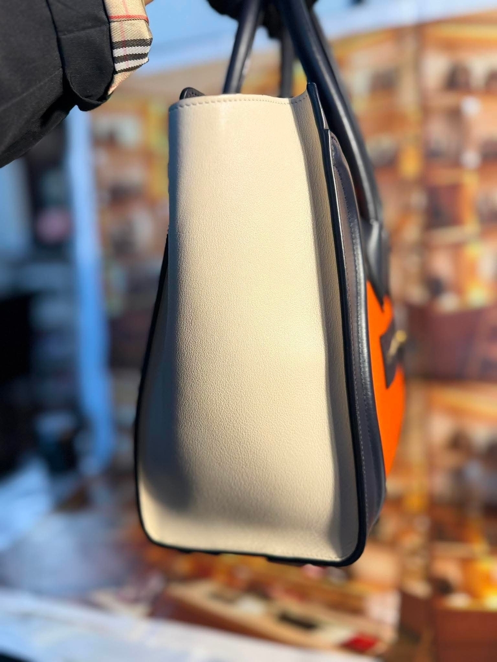 Celine Cream, Orange and Black Leather Tote - Picture 5 of 8
